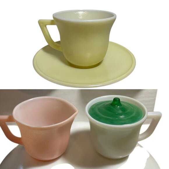 Hazel Atlas Little Hostess Childs Tea Cup and Saucer Lidded Sugar Bowl & Creamer - Picture 1 of 10